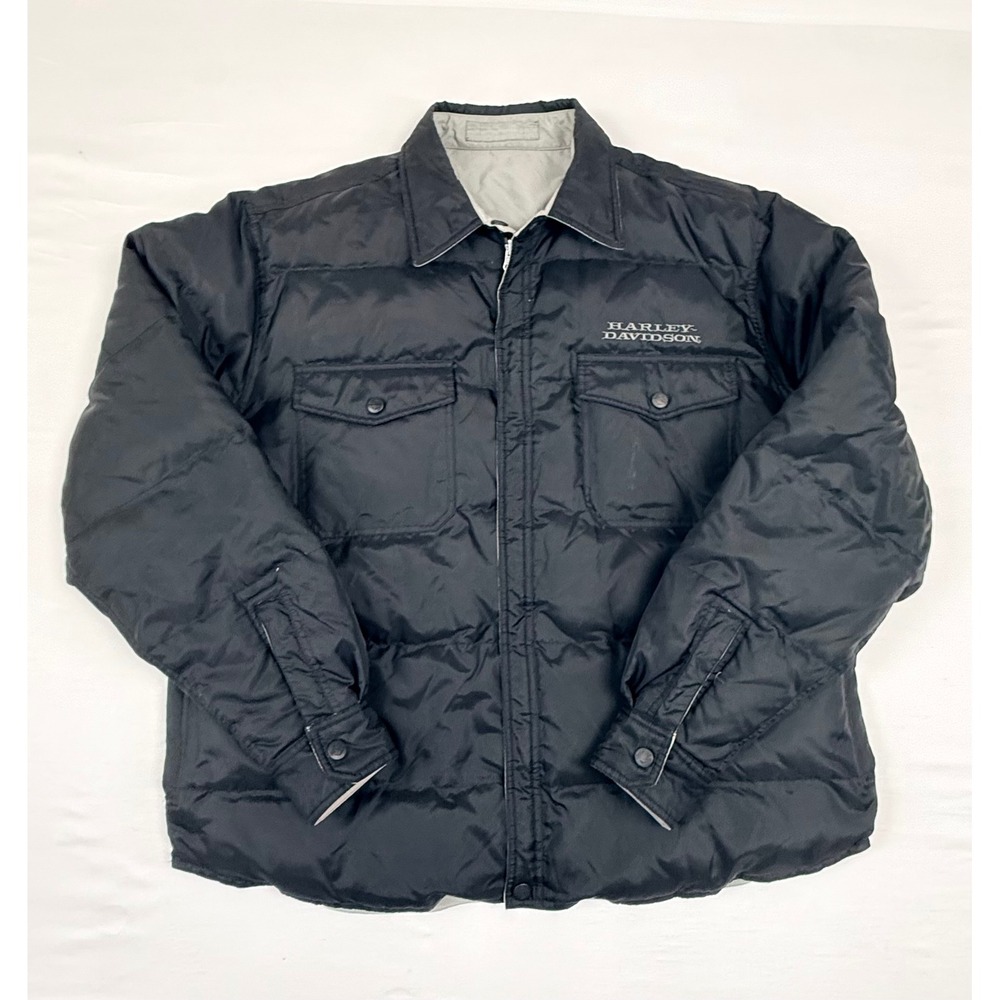 Vintage Harley Davidson Mens Reversible Down Puffer Jacket Black Light Grey‎ 2XL